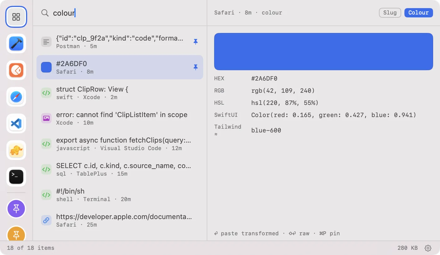 A copied hex colour shown as a swatch with its RGB, HSL, SwiftUI and Tailwind equivalents.
