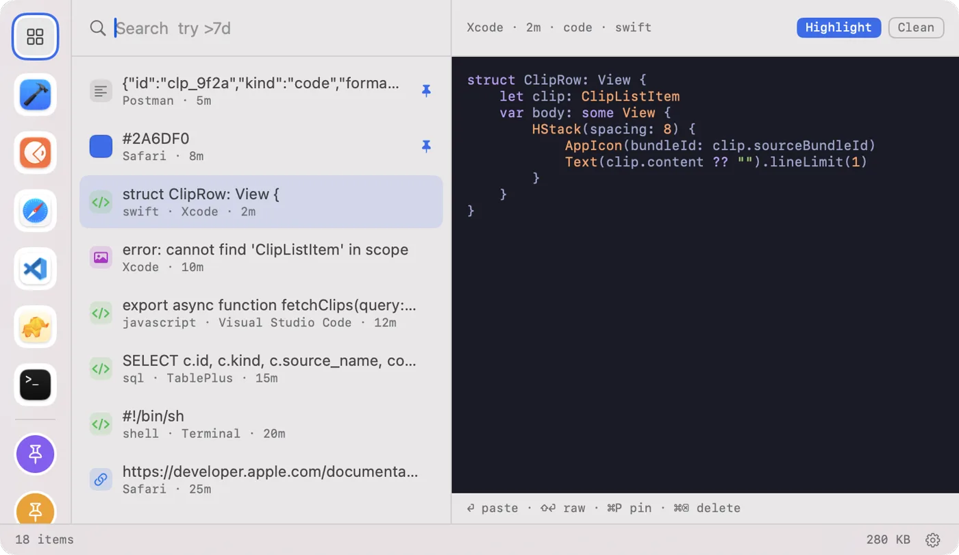 Pano's panel: a source-app rail, the clip list, and a preview with a syntax-highlighted Swift snippet.