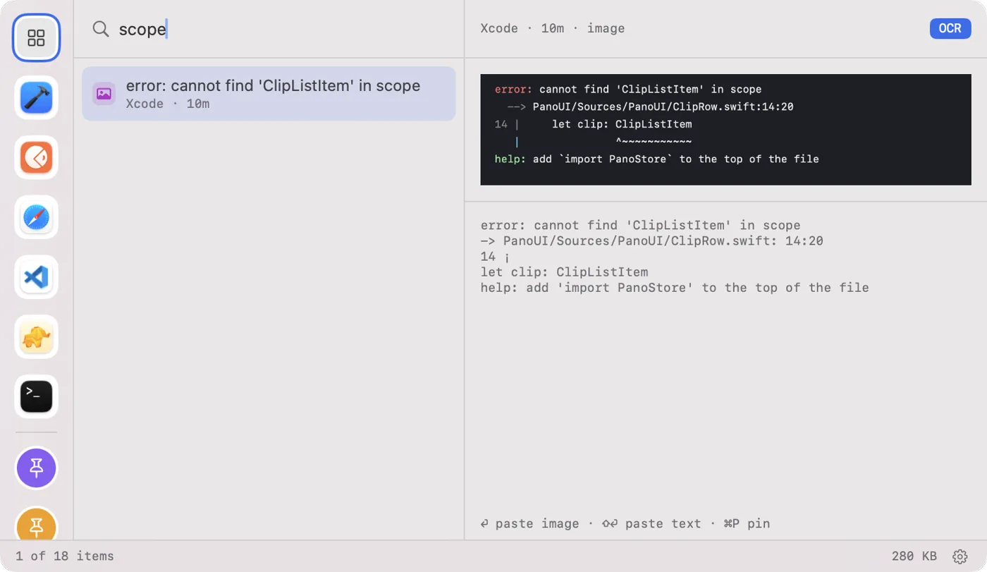 Searching for the word scope finds a screenshot of a compiler error; the preview shows the image and the text Pano read from it.