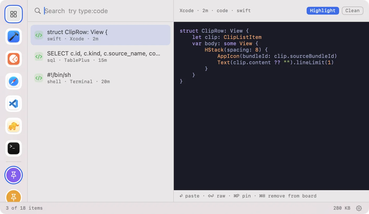 The Snippets pinboard selected in the rail, listing three saved code clips.