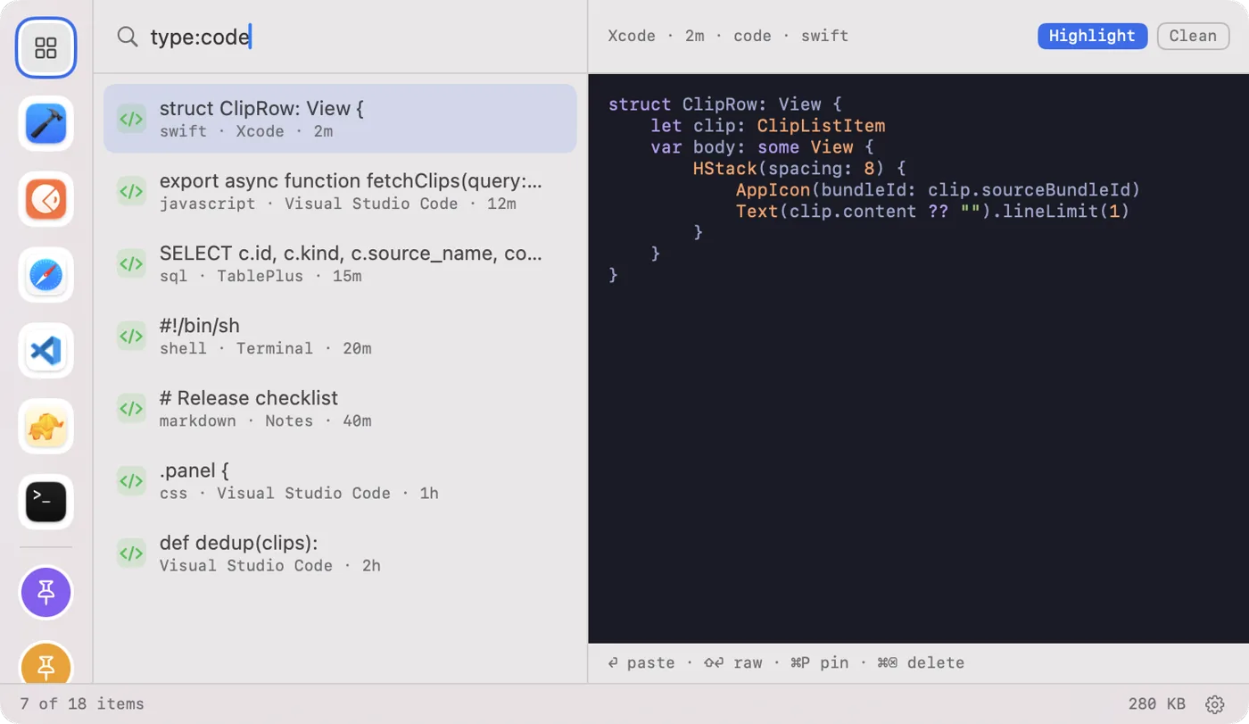 Searching type:code filters the list to code clips; the preview shows a highlighted Swift snippet.