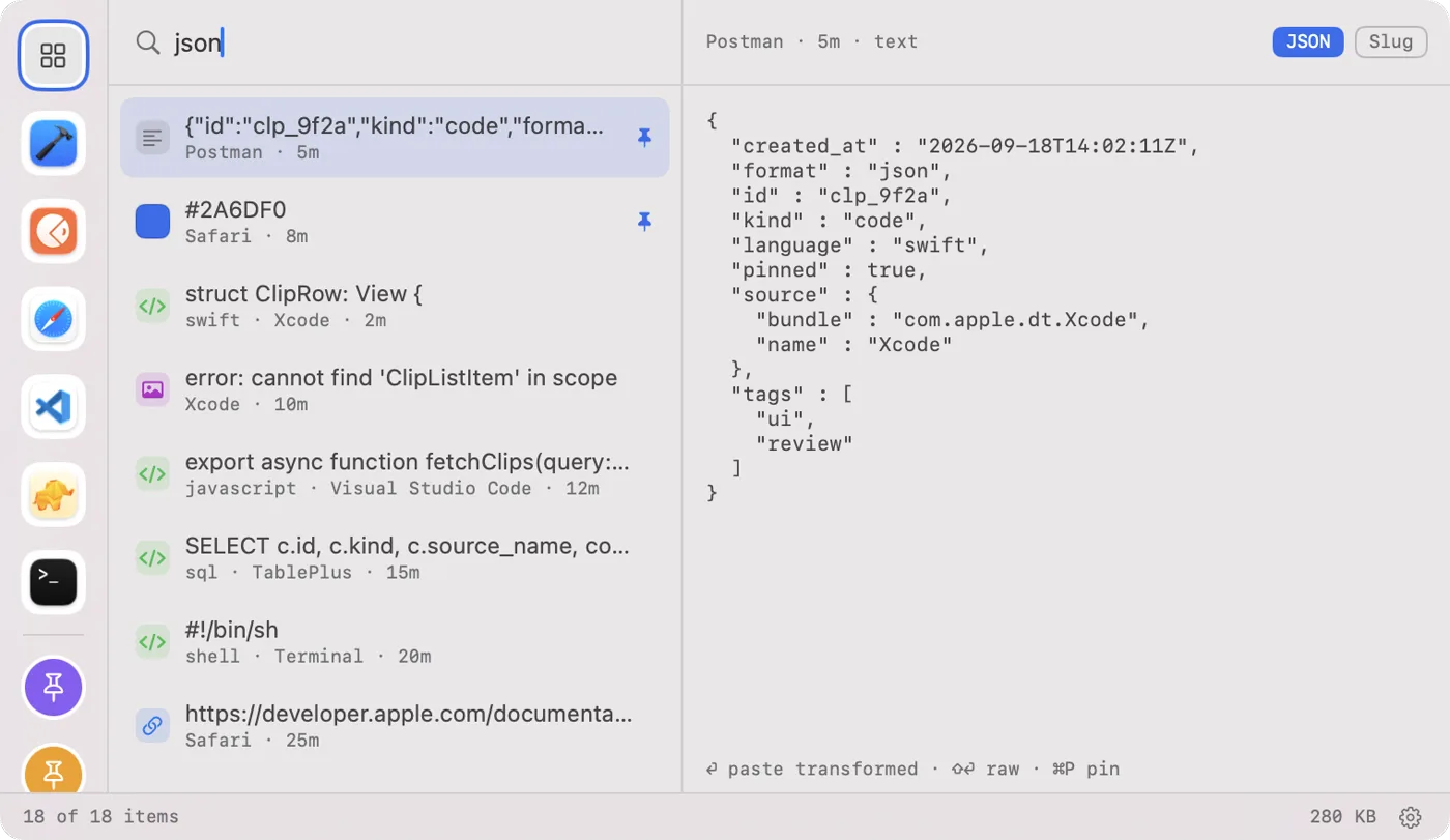 With json typed in the search field, a one-line JSON payload is shown pretty-printed in the preview.
